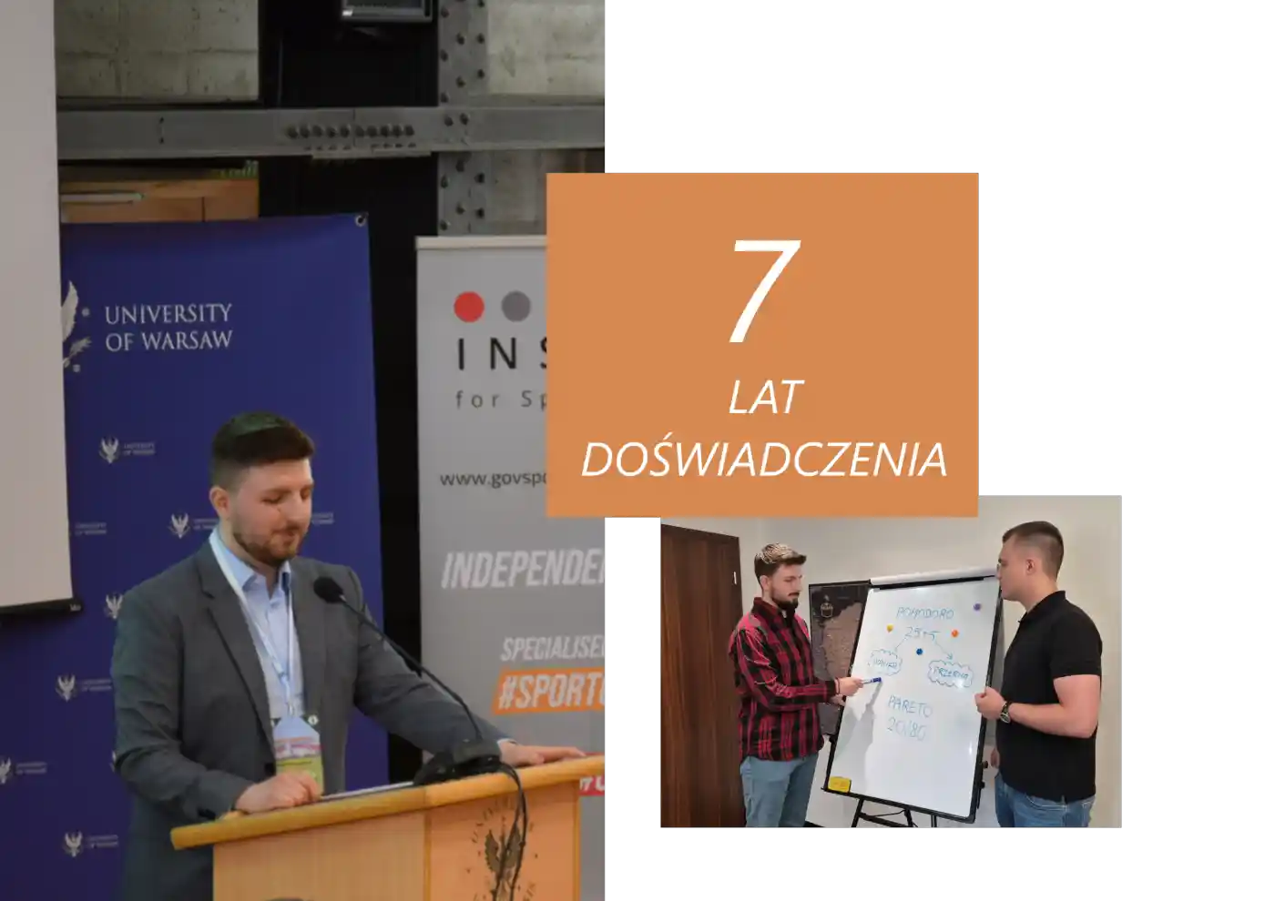 Kolaż zdjęć z pracy naukowej właścicieli JakieToProste.pl Właściciele JakieToProste.pl prowadzący konferencję i warsztaty, obok napis "7 lat doświadczenia".